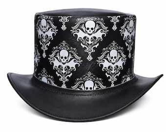 Black Skull Leather Top Hat, Gothic Victorian Hat, Steampunk Costume Hat, Skeleton Print Hat, Halloween Cosplay Accessory
