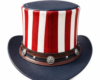 Uncle Sam Top Hat, American Flag Leather Hat, Red White Blue Patriotic Hat, USA Costume Hat, 4th of July Western Hat