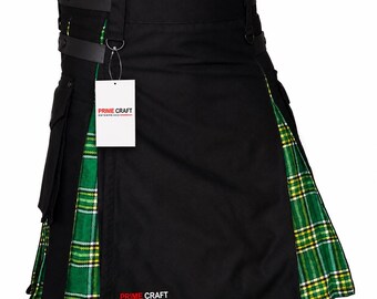 Hybrid Utility Kilt for Men Black Cotton with Irish National Tartan | Scottish Cargo Utility Kilt | Adjustable Leather Straps | Custom Sizes