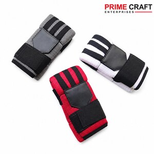 May include: Three athletic wrist wraps in grey, red, and white, each featuring black elastic stripes, a solid black rectangular patch, and a hook-and-loop closure strap. The text PRIME CRAFT ENTERPRISES is visible in the top right corner.