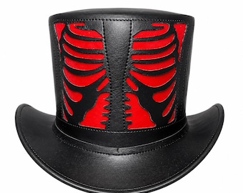 Black Red Leather Top Hat, Rib Cage Gothic Hat, Steampunk Costume Hat, Skeleton Inspired Cosplay Hat, Halloween Accessory