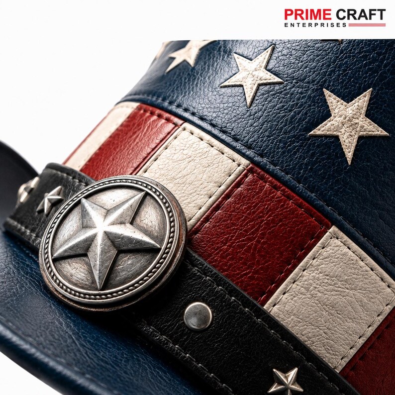 May include: A top hat featuring a textured faux leather finish with a red, white, and blue striped pattern and white stars on a blue background. A black band encircles the base, adorned with a large, circular, metallic silver star emblem.