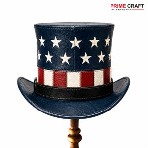 May include: A top hat featuring a blue crown with white stars and a base section with alternating red and white vertical stripes. A black band encircles the base of the crown above the curved brim. The text PRIME CRAFT ENTERPRISES is visible.