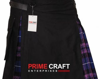 Unisex Hybrid Utility Kilt with Pride of Scotland Tartan | Black Cotton Cargo Kilt | Scottish Utility Kilt | Adjustable | Custom Sizes