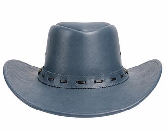Blue Leather Cowboy Hat for Men, Wide Brim Western Hat, Rodeo Ranch Hat, Country Festival Hat, Western Costume Accessory