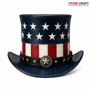 May include: A top hat featuring a blue crown with white stars and a red and white striped band. A black leather-like strap with silver star studs and a central silver star emblem encircles the base. The brim is dark blue with a curved shape.