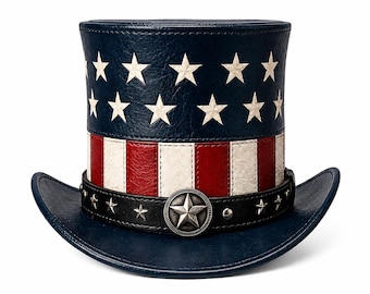 Patriotic Leather Top Hat, USA Flag Design | Uncle Sam Style Costume Hat | Red White Blue Festival Independence Day Hat | Made to Order