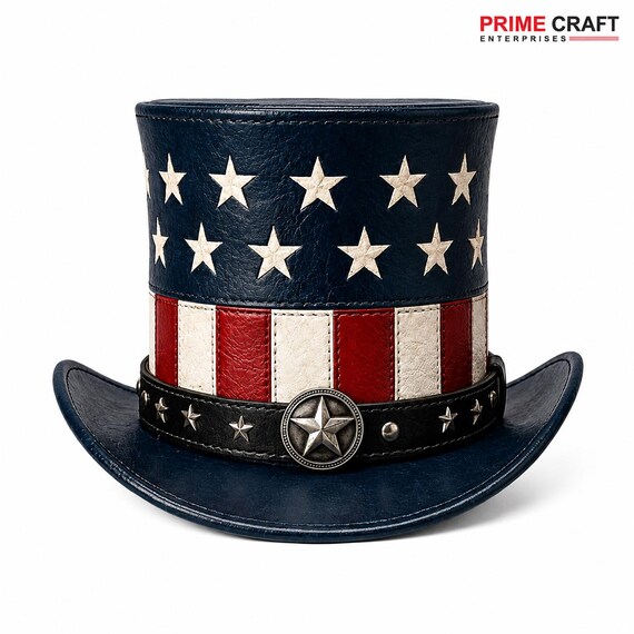 Patriotic Leather Top Hat, USA Flag Design | Uncle Sam Style Costume Hat | Red White Blue Festival Independence Day Hat | Made to Order
