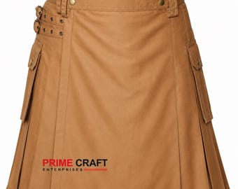 Unisex Khaki Utility Kilt 16 oz Cotton Drill | Gothic Cargo Kilt with Brass Buckles & Pockets | Adjustable Work Festival Kilt