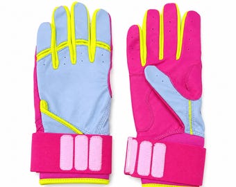 Long Cuff Baseball Batting Gloves, Cabretta Leather Gloves, Blue Pink Neon Yellow, Double Reinforced Palm, Youth Adult