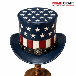 May include: A top hat featuring a blue crown adorned with white stars and a band of red and white vertical stripes. A black leather-like strap encircles the base, accented with small silver studs and a prominent central silver star-shaped emblem.