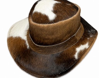 Hair-On Cowhide Cowboy Hat, Brown White Leather Western Hat, Handmade Rancher Hat, Rustic Country Western Style