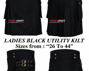 Black Utility Kilt for Men & Girls | Gothic Cargo Kilt | Adjustable Waist 26-62 Inch | Punk Casual Festival Everyday Wear Kilt