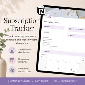 Könnte beinhalten: Eine digitale Abonnement-Tracker-Vorlage auf einem Tablet-Bildschirm, mit Notion-Logo, Kalenderansicht und Bereichen für Übersicht, monatliche Kosten und anstehende Verlängerungen, sowie Text zur Nachverfolgung wiederkehrender Zahlungen.