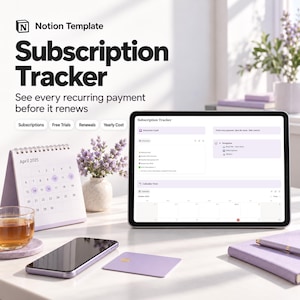 Pode incluir: Um modelo Notion para um rastreador de assinaturas exibido na tela de um tablet. A interface mostra um cartão de visão geral, menu de navegação e visualização de calendário. O texto inclui "Subscription Tracker" e "See every recurring payment before it renews."