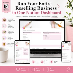 May include: A digital Notion dashboard template for reselling businesses displayed on a laptop, tablet, and smartphone. The interface features sections for inventory, orders, expenses, and profit tracking with a pink and white color scheme.