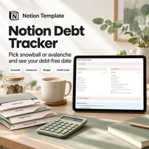 May include: A digital Notion Debt Tracker template displayed on a tablet screen. The interface shows debt payoff strategies, including snowball and avalanche methods, alongside a calculator, a jar of coins, and labeled folders for credit cards and loans.