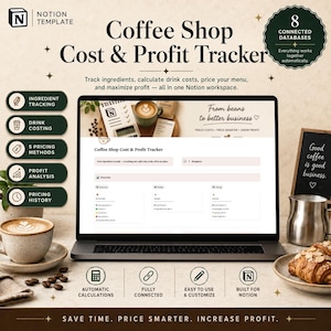 以下が含まれることがあります： ノートパソコンの画面に表示された「Coffee Shop Cost & Profit Tracker」というタイトルのNotionテンプレート。インターフェースには、材料の追跡、ドリンクの原価計算、価格設定方法、利益分析のためのセクションが含まれています。