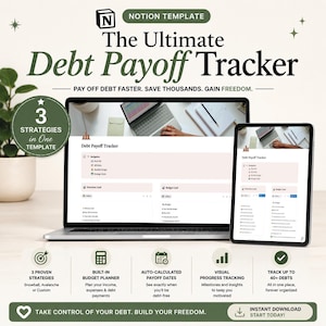 Könnte beinhalten: Eine Notion-Vorlage mit dem Titel The Ultimate Debt Payoff Tracker auf einem Laptop- und Tablet-Bildschirm. Die Benutzeroberfläche zeigt Navigation, Schuldenübersicht und Budgetkarten. Symbole und Text heben Funktionen wie Budgetplanung hervor.