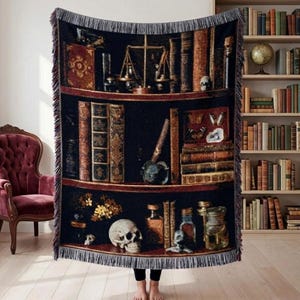 Dark Academia Woven Throw Blanket | Vintage Apothecary & Cabinet of Curiosities Decor | Gothic Bookshelf Tapestry with Skulls | Potions