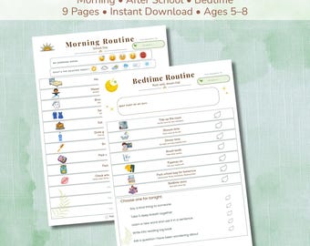Afdrukbaar dagschema voor kinderen | Visueel schema 's ochtends, na school, bedtijd | 5-8 jaar | Direct downloaden