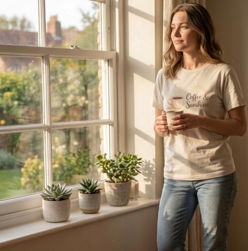K&ouml;nnte beinhalten: Eine Frau tr&auml;gt ein cremefarbenes T-Shirt mit dem Text "Coffee & Sunshine" und einer Kaffeetasse, die eine Tasse h&auml;lt. Das Bild zeigt auch ein Fenster mit drei Topf-Sukkulenten auf der Fensterbank.