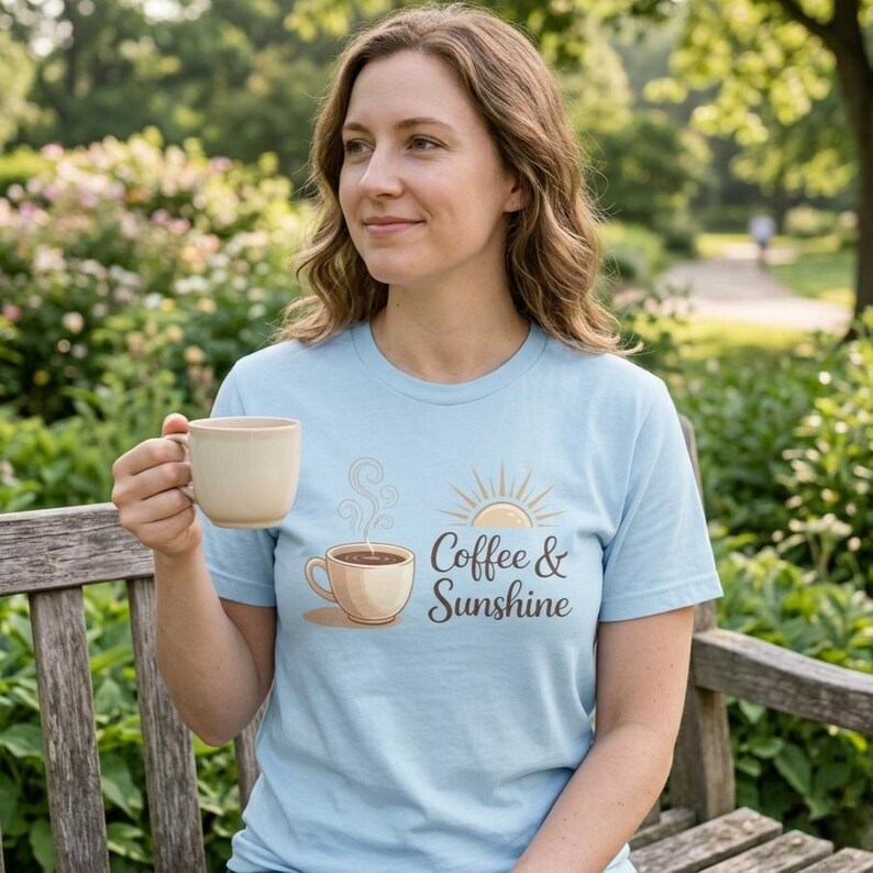 K&ouml;nnte beinhalten: Hellblaues T-Shirt mit der Aufschrift "Coffee & Sunshine" und einer Kaffeetassen-Grafik. Die Person h&auml;lt einen beigen Kaffeebecher. Der Hintergrund ist ein Park mit B&auml;umen und Gr&uuml;n.