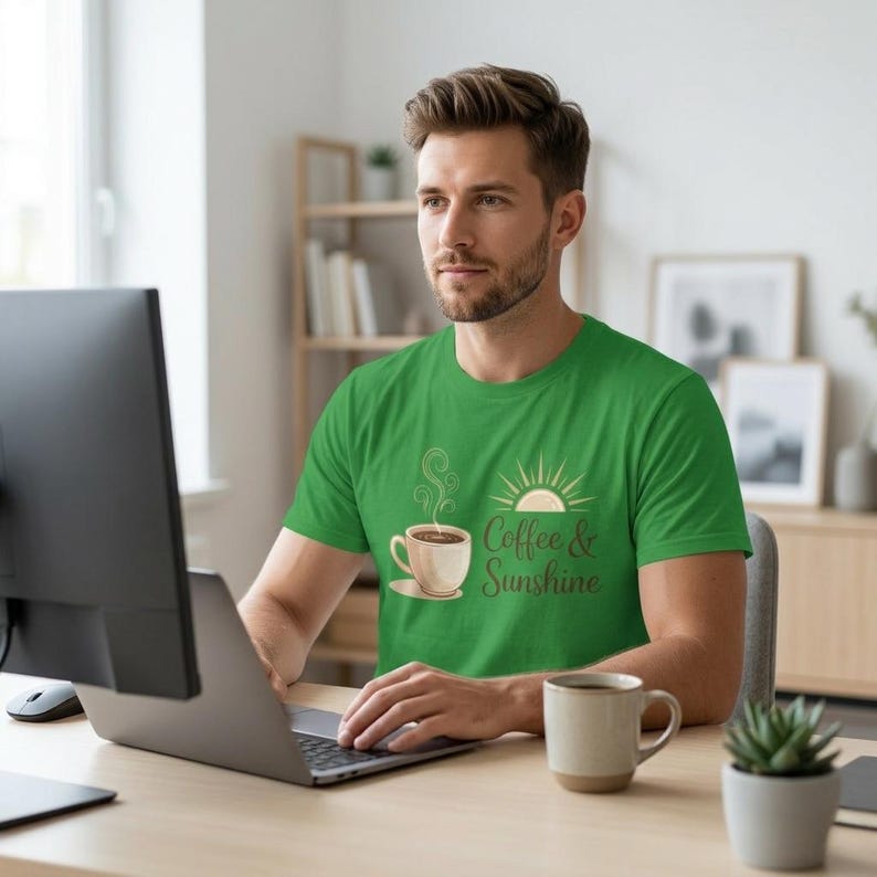K&ouml;nnte beinhalten: Ein Mann tr&auml;gt ein gr&uuml;nes T-Shirt mit der Aufschrift "Coffee & Sunshine" und einer Grafik einer Kaffeetasse und Sonne. Er sitzt an einem Schreibtisch mit einem Laptop, einer Kaffeetasse und einer kleinen Topfpflanze.