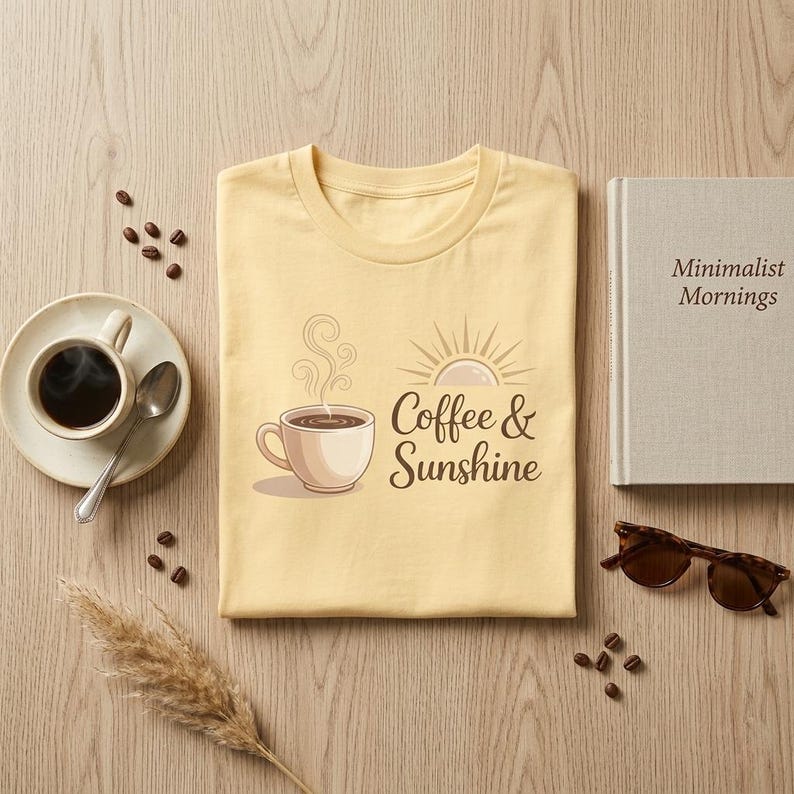 K&ouml;nnte beinhalten: Hellgelbes T-Shirt mit einer Kaffeetasse und einem Sonnengrafik mit dem Text "Coffee & Sunshine". Eine Tasse Kaffee, ein Buch und eine Sonnenbrille sind auf einer Holzoberfl&auml;che mit Kaffeebohnen und einer dekorativen Pflanze angeordnet.