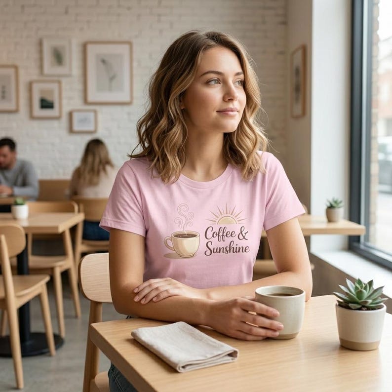 K&ouml;nnte beinhalten: Hellrosa T-Shirt mit der Aufschrift "Coffee & Sunshine" und einer Kaffeetassen-Grafik. Das T-Shirt wird von einer Person getragen, die in einem Caf&eacute; an einem Holztisch sitzt.
