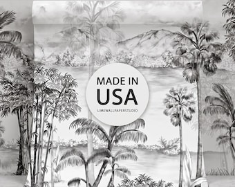 Large Tropical Palm Tree Wall Mural, Black&White Sketch Botanical Art (Peel and Stick)