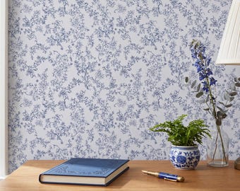 Blue French Country Floral Wallpaper, Hand-Drawn Chinoiserie Toile, Peel and Stick Wall Mural