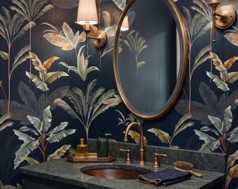 Dark Botanical Wallpaper, Hand-Drawn Tropical Peel and Stick (Made in USA)
