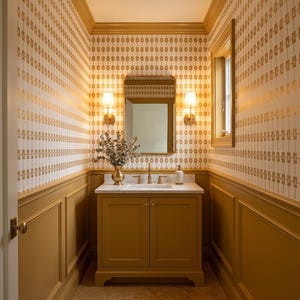 May include: A bathroom vanity with a white marble countertop, a gold faucet, and a gold vase with eucalyptus branches. The walls feature white and gold geometric wallpaper above mustard yellow wainscoting, a rectangular mirror, and two wall sconces.