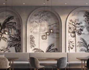 Large Tropical Palm Tree Wall Mural, Black&White Sketch Botanical Art (Peel and Stick)