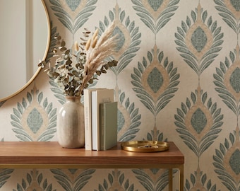 Art Deco Botanical Wallpaper, Hand Drawn Leaf Mural, Sage Green Peel & Stick