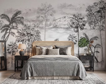 Large Tropical Palm Tree Wall Mural, Black&White Sketch Botanical Art (Peel and Stick)