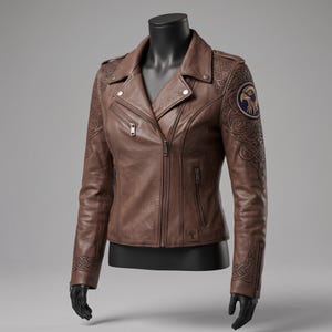 Può includere: Una giacca da moto in pelle marrone con cerniera frontale asimmetrica, revers e dettagli color argento. Le maniche e le spalle sono decorate con intricati motivi a intreccio in rilievo e una toppa circolare con un'aquila.
