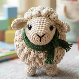 May include: A handmade crochet sheep toy with a cream-colored body and a green scarf. The sheep has black eyes, eyelashes, and small ears. It is standing on a gray surface, with colorful blocks and a toy basket in the background.