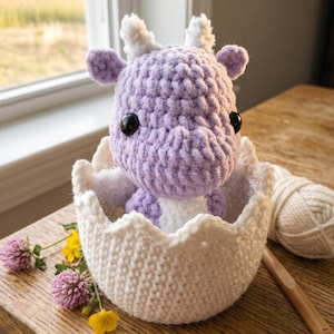 “Crochet hatching baby dragon amigurumi with eggs, handmade fantasy dragon plush toy pattern PDF download, cute small baby dragon in egg crochet design”
