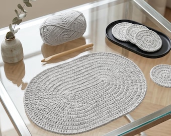Soft Ash Ovale gehäkelte Tischset PDF Muster | Landhaus Tischset | Minimalistische handgemachte Tischdekoration