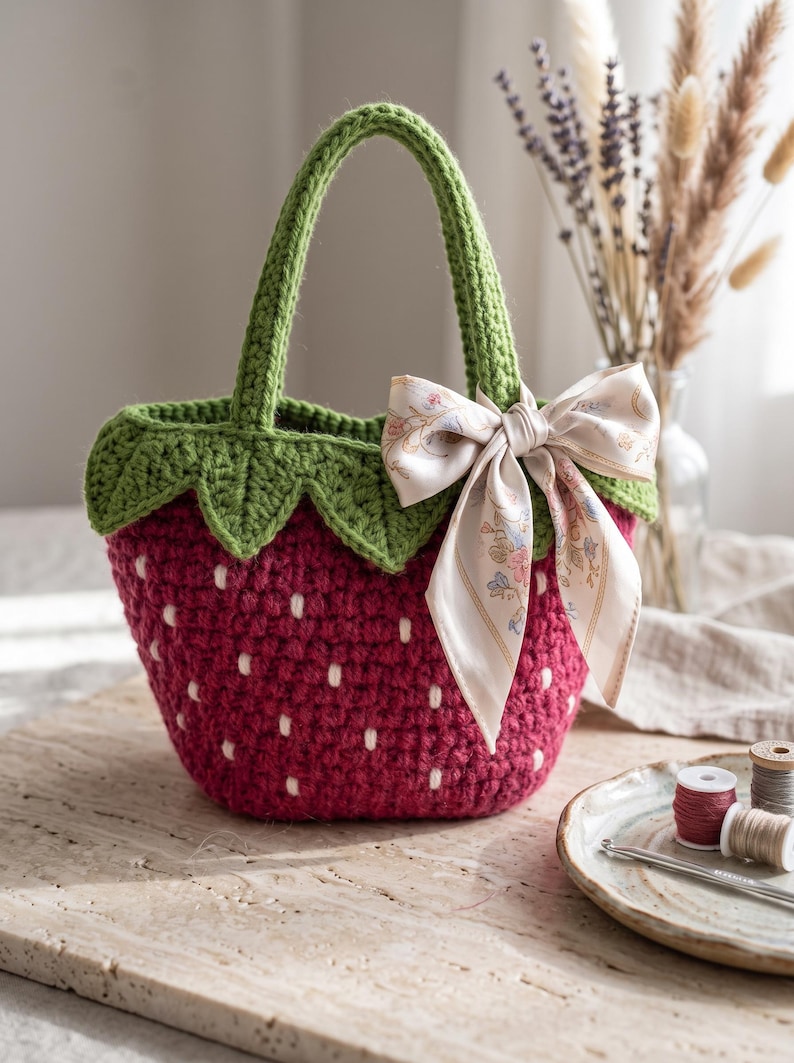 May include: A handmade crochet handbag shaped like a strawberry, featuring a deep red body with small white embroidered seeds, a green leafy top border, a green handle, and a light-colored silk ribbon tied in a bow on the side of the bag.