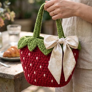 May include: A crochet handbag shaped like a strawberry with a deep red body, white seed-like accents, and a green leafy top. The bag features two green crochet handles and is decorated with a large, cream-colored satin ribbon bow with a floral pattern.