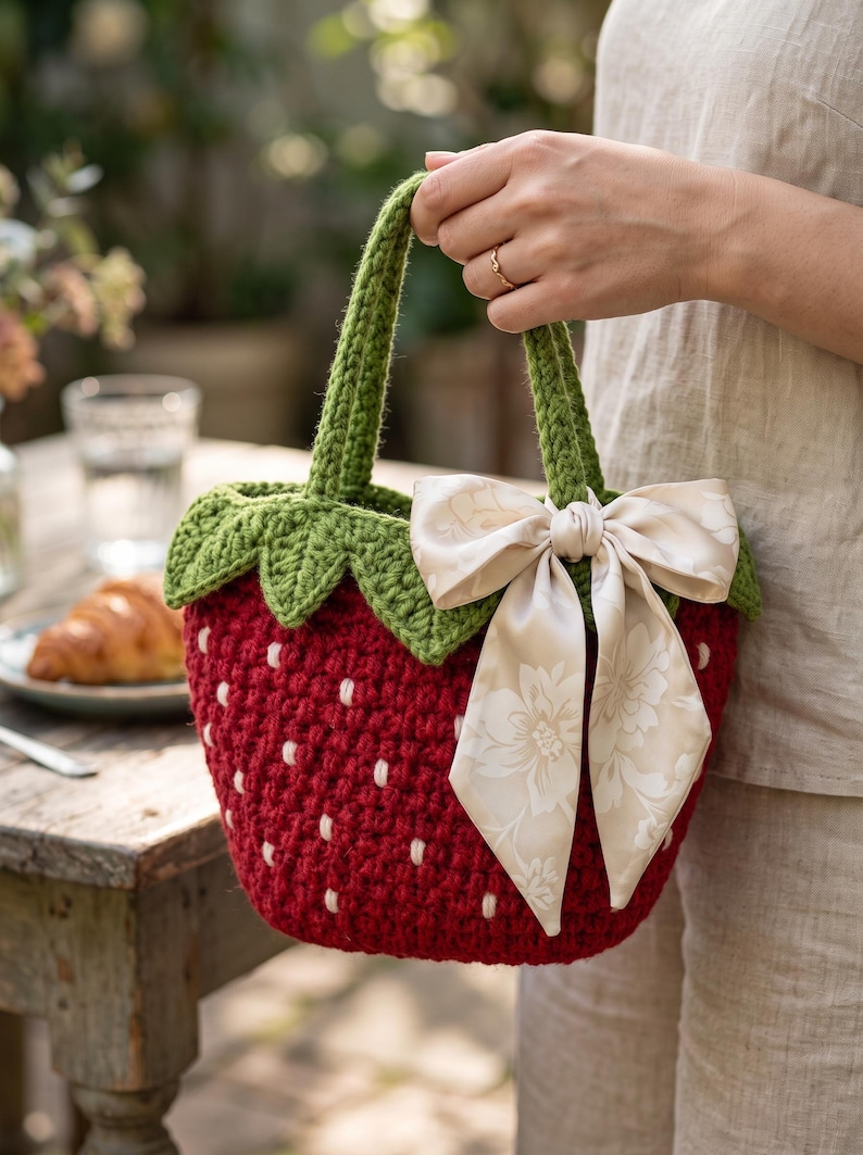 May include: A crochet handbag shaped like a strawberry with a deep red body, white seed-like accents, and a green leafy top. The bag features two green crochet handles and is decorated with a large, cream-colored satin ribbon bow with a floral pattern.
