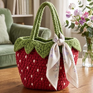 May include: A red crocheted handbag shaped like a strawberry with white embroidered seeds, a green crocheted top edge resembling leaves, two green handles, and a light-colored silk scarf with a floral pattern tied around one of the handles.