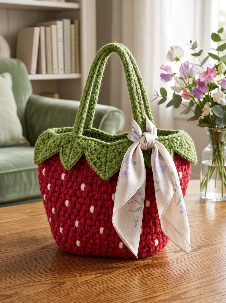 May include: A red crocheted handbag shaped like a strawberry with white embroidered seeds, a green crocheted top edge resembling leaves, two green handles, and a light-colored silk scarf with a floral pattern tied around one of the handles.