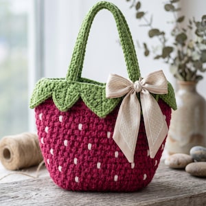 Closeup of handmade crochet strawberry purse with white bow