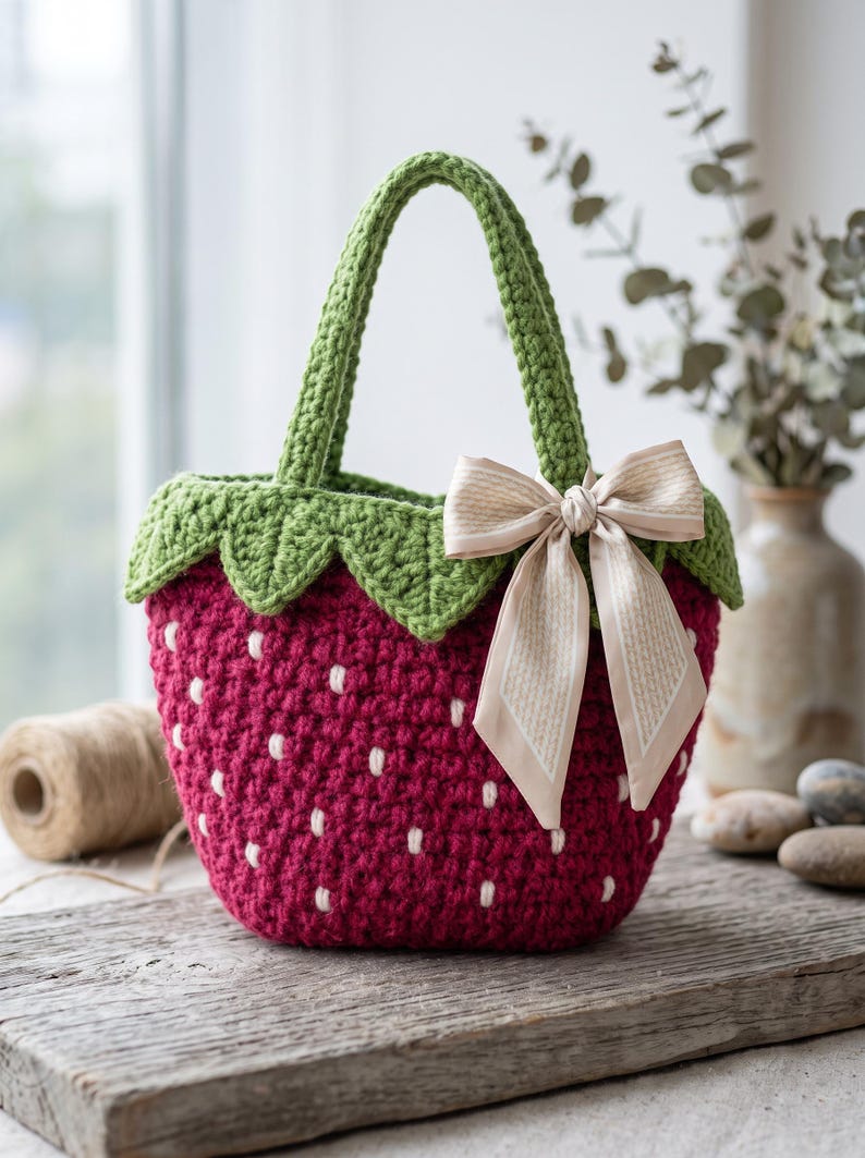 Closeup of handmade crochet strawberry purse with white bow