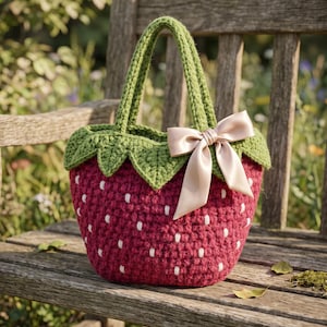 May include: A crochet handbag shaped like a strawberry, featuring a deep red body with small white stitched accents, a green leafy top border, two green handles, and a decorative light beige satin ribbon bow attached to the side of the bag.