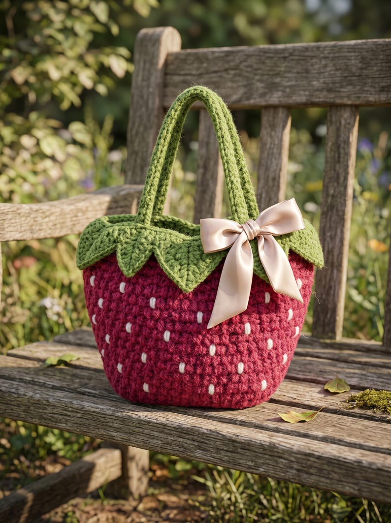 May include: A crochet handbag shaped like a strawberry, featuring a deep red body with small white stitched accents, a green leafy top border, two green handles, and a decorative light beige satin ribbon bow attached to the side of the bag.